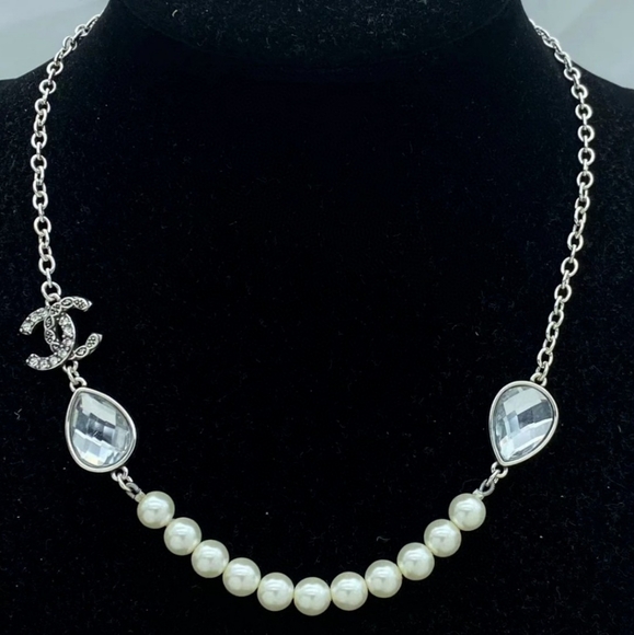 Chanel Double C Gunmetal Double Drop Chain Pearl Necklace - Picture 1 of 8